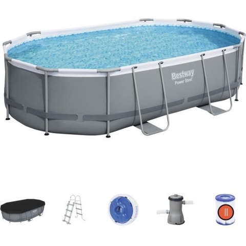 BESTWAY Power stalen buis bovengronds zwembad - ovaal - 488 x 305 x 107 cm - 3028 L/H patroonreiniger - deksel en ladder
