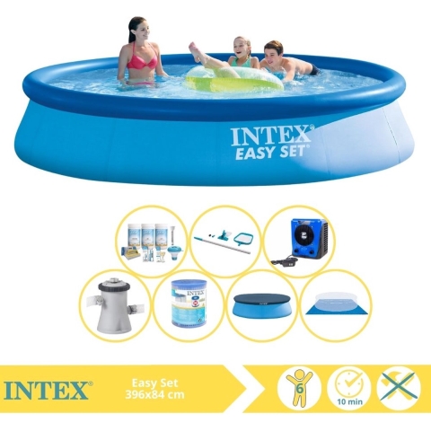 Intex Easy Set Zwembad - Opblaaszwembad - 396x84 cm - Inclusief Afdekzeil, Onderhoudspakket, Filter, Grondzeil, Onderhoudsset en Warmtepomp HS