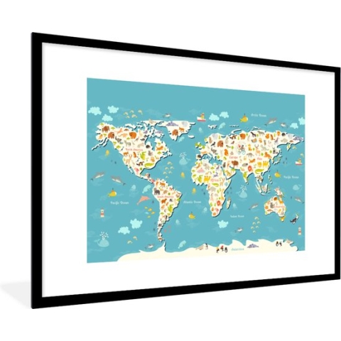 Poster in lijst voor kinderen - Kinderkamer wanddecoratie - Schilderij kids - Wereldkaart - Kinderen - Dieren - Kind - Jongens - Meiden - 90x60 cm