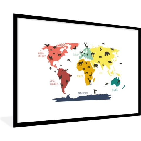 Poster in fotolijst kind - Slaapkamer decoratie - Wereldkaart - Kinderen - Dieren - Roze - Oranje - Jongens - Meiden - Poster in fotolijst wereldkaart - 120x80 cm - Poster kinderkamer