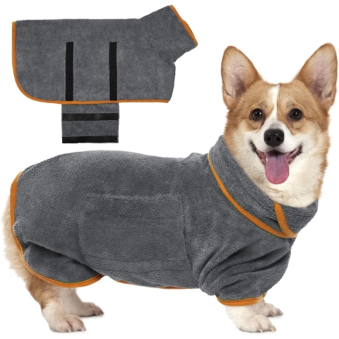 Lexium Hondenbadjas - Maat M - Grijs & Oranje- Badjas Voor Honden - Honden Badjas