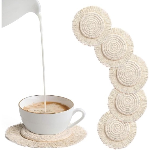 Boho onderzetters, glazen, 6 stuks, rond, handgemaakt, macramé, onderzetters, beige, drankonderzetters, onderzetters, koponderzetters, set voor thuis, restaurant, kantoor en bar