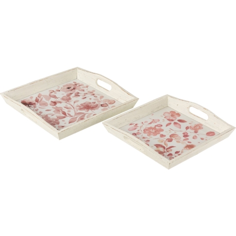 J-Line Rozen plateau - dienblad - hout - wit & roze - 2 stuks - woonaccessoires