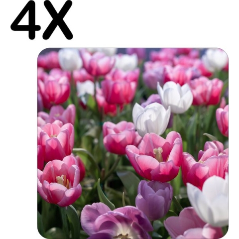 BWK Luxe Placemat - Roze met Witte Tulpen - Set van 4 Placemats - 40x40 cm - 2 mm dik Vinyl - Anti Slip - Afneembaar