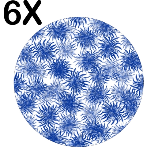 BWK Flexibele Ronde Placemat - Blauw met Wit Bloemen Patroon - Set van 6 Placemats - 50x50 cm - PVC Doek - Afneembaar