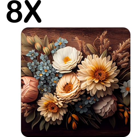 BWK Flexibele Placemat - Mooie Artistieke Bloemen - Set van 8 Placemats - 50x50 cm - PVC Doek - Afneembaar