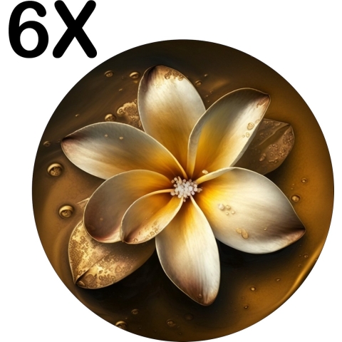 BWK Flexibele Ronde Placemat - Prachtige Witte Bloem met Gouden Gloed - Set van 6 Placemats - 50x50 cm - PVC Doek - Afneembaar