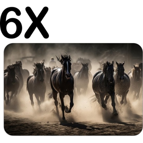 BWK Flexibele Placemat - Rennende Paarden op een Zandvlakte - Set van 6 Placemats - 45x30 cm - PVC Doek - Afneembaar