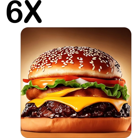 BWK Stevige Placemat - Hamburger met Vuur op de Achtergrond - Set van 6 Placemats - 50x50 cm - 1 mm dik Polystyreen - Afneembaar
