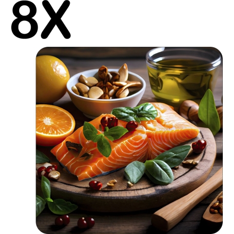 BWK Flexibele Placemat - Zalm met Noten op Houten Bord - Set van 8 Placemats - 40x40 cm - PVC Doek - Afneembaar