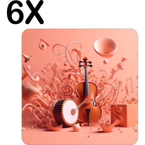 BWK Stevige Placemat - Zalm Oranje Kleurige Muziek - Set van 6 Placemats - 50x50 cm - 1 mm dik Polystyreen - Afneembaar