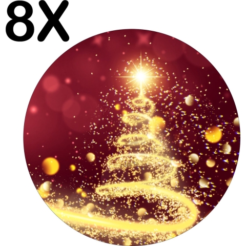 BWK Stevige Ronde Placemat - Kerstboom van Slingers op Rode Achtergrond - Set van 8 Placemats - 50x50 cm - 1 mm dik Polystyreen - Afneembaar