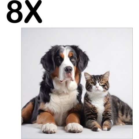 BWK Textiele Placemat - Hond en Kat met Witte Achtergrond - Set van 8 Placemats - 40x40 cm - Polyester Stof - Afneembaar