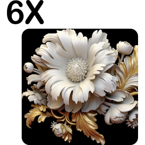 BWK Flexibele Placemat - Wit - Goud - Bloem - Artistiek - Set van 6 Placemats - 40x40 cm - PVC Doek - Afneembaar