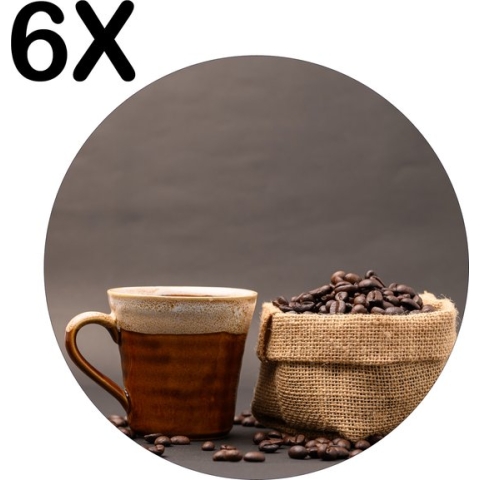 BWK Luxe Ronde Placemat - Koffie met Koffiebonen Zakje - Set van 6 Placemats - 40x40 cm - 2 mm dik Vinyl - Anti Slip - Afneembaar