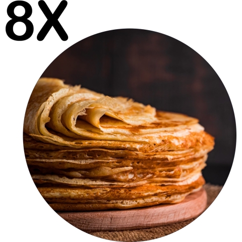BWK Stevige Ronde Placemat - Stapel Pannekoeken met Donkere Achtergrond - Set van 8 Placemats - 40x40 cm - 1 mm dik Polystyreen - Afneembaar