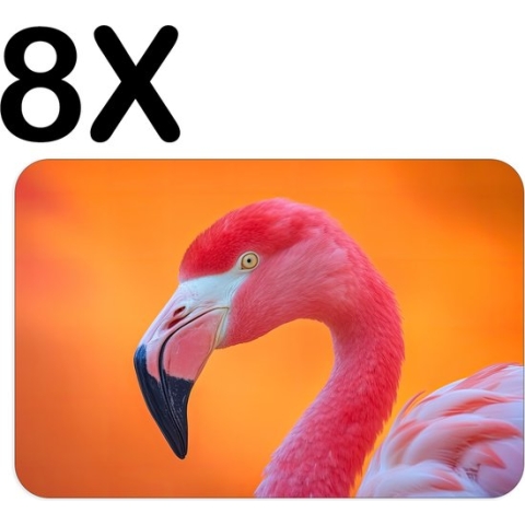 BWK Flexibele Placemat - Roze Flamingo met Oranje Achtergrond - Set van 8 Placemats - 45x30 cm - PVC Doek - Afneembaar
