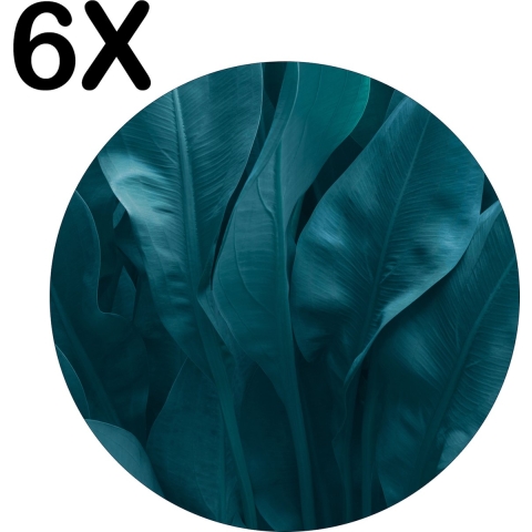 BWK Luxe Ronde Placemat - Groen - Blauwe Bladeren - Set van 6 Placemats - 50x50 cm - 2 mm dik Vinyl - Anti Slip - Afneembaar