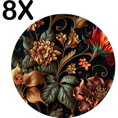 BWK Luxe Ronde Placemat - Prachtige Bloemen Kunst - Set van 8 Placemats - 50x50 cm - 2 mm dik Vinyl - Anti Slip - Afneembaar