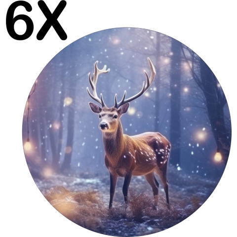 BWK Flexibele Ronde Placemat - Hert in het Bos met Kerst Lichtjes - Set van 6 Placemats - 50x50 cm - PVC Doek - Afneembaar