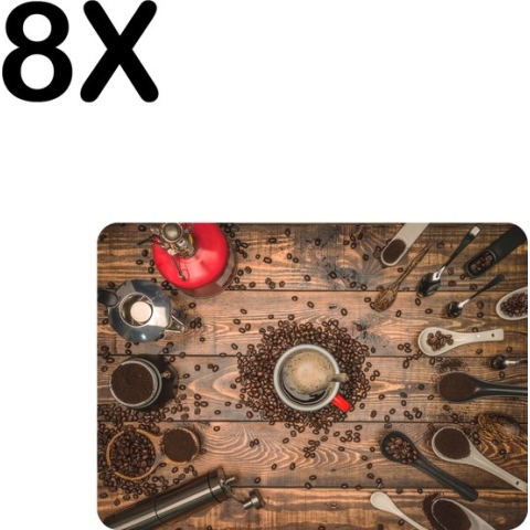 BWK Luxe Placemat - Koffie molens en Schepjes - Set van 8 Placemats - 35x25 cm - 2 mm dik Vinyl - Anti Slip - Afneembaar