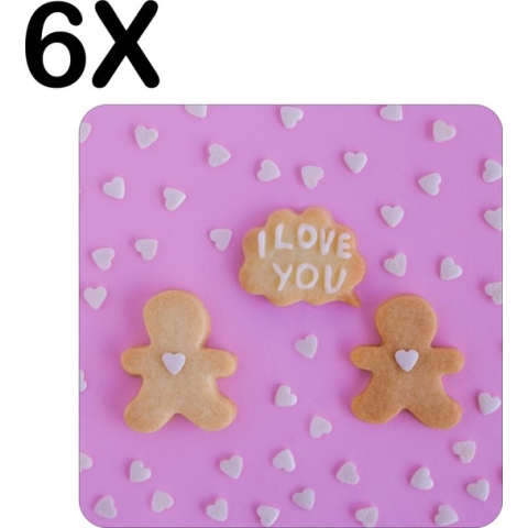 BWK Stevige Placemat - I Love You Koekjes met Roze Achtergrond - Set van 6 Placemats - 40x40 cm - 1 mm dik Polystyreen - Afneembaar