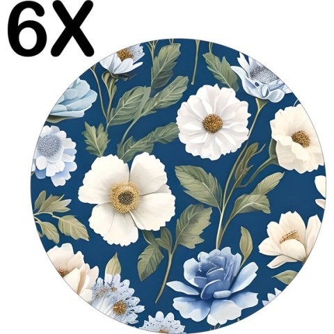 BWK Flexibele Ronde Placemat - Blauw - Wit - Bloemen Patroon - Set van 6 Placemats - 40x40 cm - PVC Doek - Afneembaar