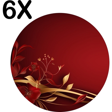 BWK Stevige Ronde Placemat - Gouden en Rode Bloemen - Lint - Set van 6 Placemats - 50x50 cm - 1 mm dik Polystyreen - Afneembaar