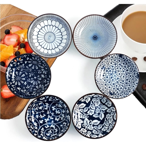 Keramische dipschalen, kruidenschalen, klein, sojasausschaaltjes, dipschaaltjes, sushi-set, snackschalen en dipschalen, snackschalen, set van 6, 10,3 cm knabbelschalen