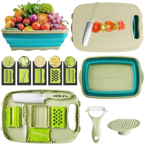Multifunctionele snijplank, 9 in 1 opvouwbare snijplank, snijplankenset met groentesnijder, draagbare afvoermand voor camperaccessoires, buiten, festivals