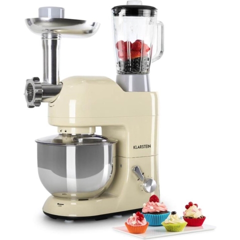 Klarstein Lucia Keukenmachine - 3-In-1: Mengmachine Blender / Vleesmolen - 2000 Watt / 2,7 Ps - 5.2 Liter Roestvrijstalen Kom - 1.5 Liter Blender - 6 Standen - Pulse-Functie - Menghaak / Kneedhaak / Garde - Spatbescherming - BPA-Vrij - Crème