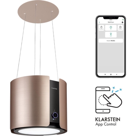 Klarstein Skyfall Smart Eilandafzuigkap - Ø45cm - Luchtcirculatie - 402m³/h - LED-Verlichting - RVS - Goud