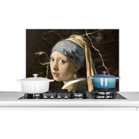 Spatscherm Keuken - Kookplaat Achterwand - Spatwand Fornuis - 90x60 cm - Meisje met de parel - Vermeer - Marmer - Aluminium - Wanddecoratie - Muurbeschermer - Hittebestendig