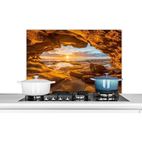 KitchenYeah - Spatscherm - Keuken achterwand - Zee - Rotsen - Kust - Zon - Keuken - Keuken decoratie - 90x60 cm - Spatwand - Muurbeschermer