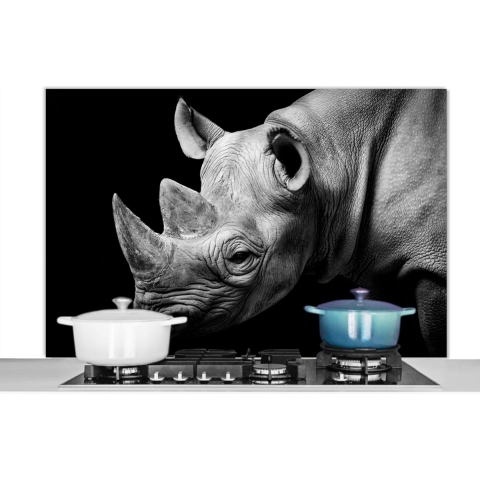 Spatscherm Keuken - Kookplaat Achterwand - Spatwand Fornuis - 120x80 cm - Dieren - Neushoorn - Zwart - Wit - Portret - Aluminium - Wanddecoratie - Muurbeschermer - Hittebestendig
