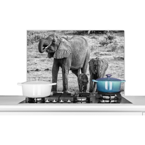 Spatscherm Keuken - Kookplaat Achterwand - Spatwand Fornuis - 90x60 cm - Familie olifanten aan het water in zwart-wit - Aluminium - Wanddecoratie - Muurbeschermer - Hittebestendig