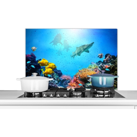 Spatscherm Keuken - Kookplaat Achterwand - Spatwand Fornuis - 90x60 cm - Zee - Vissen - Koraal - Aluminium - Wanddecoratie - Muurbeschermer - Hittebestendig