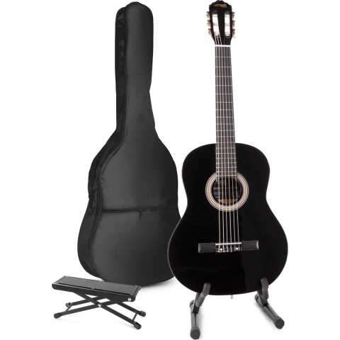 Akoestische gitaar voor beginners - MAX SoloArt klassieke gitaar / Spaanse gitaar met o.a. 39'' gitaar, gitaar standaard, voetsteun, gitaartas, gitaar stemapparaat en extra accessoires - Zwart
