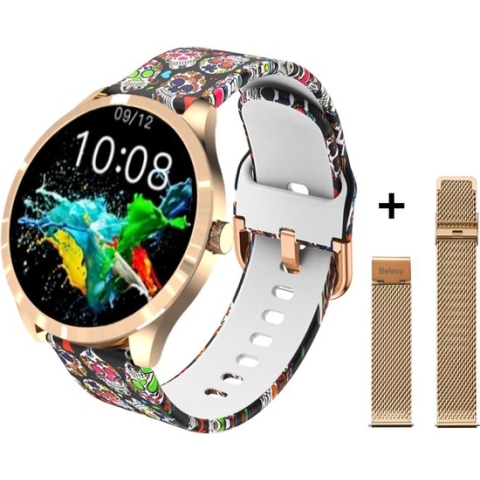 Belesy® BQSiRgSk 2022 Skull - Smartwatch Dames – Smartwatch Heren - Horloge - 1.28 inch - Kleurenscherm - Stappenteller - Bloeddruk - Hartslag - 75+ Wijzerplaten – Sporten – Rose goud – Staal - Siliconen – Skull - Cadeau - Moederdag