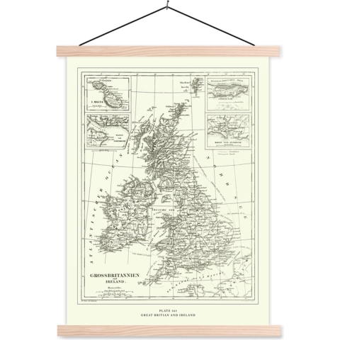 Posterhanger incl. Poster - Schoolplaat - Klassieke wereldkaart Groot Brittannië en Ierland - 120x160 cm - Blanke latten