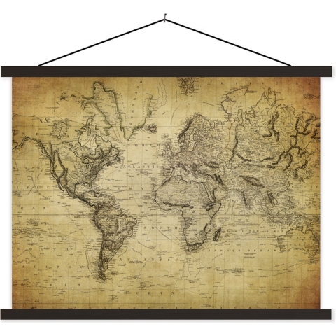 Posterhanger incl. Poster - Schoolplaat - Wereldkaart - Vintage - Antiek - Bruin - Papier - 150x113 cm - Zwarte latten