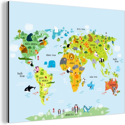 Wanddecoratie Metaal - Aluminium Schilderij Industrieel - Wereldkaart kinderen - Illustraties - Kleuren - 160x120 cm - Dibond - Foto op aluminium - Industriële muurdecoratie - Voor de woonkamer/slaapkamer