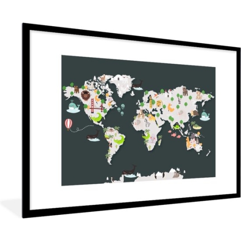 Fotolijst incl. Poster - Wereldkaart - Dieren - Grijs - 90x60 cm - Posterlijst