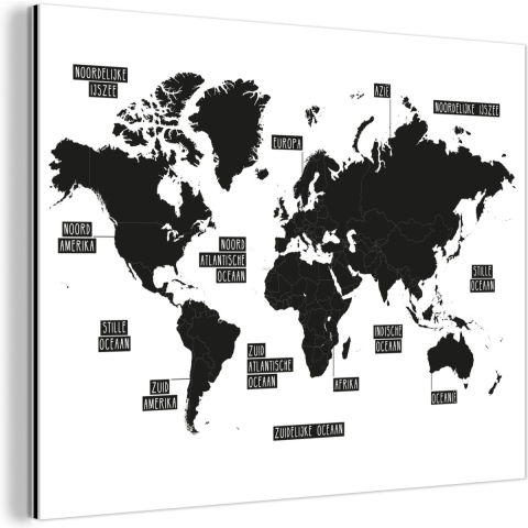 Wanddecoratie Metaal - Aluminium Schilderij Industrieel - Wereldkaart - Zwart - Wit - 160x120 cm - Dibond - Foto op aluminium - Industriële muurdecoratie - Voor de woonkamer/slaapkamer