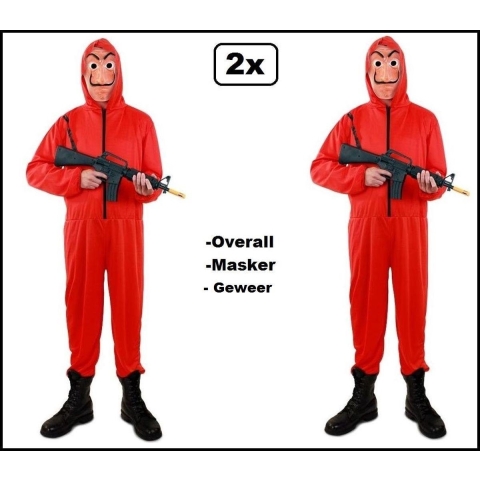 2x Rode overall met capuchon + masker + geweer- La Casa de Papel mt.XXL
