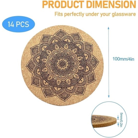 Pack of 14 Cork Coasters, Reusable Absorbent Cup Coasters, Wooden Mandala Eco-friendly Saucers, Round Coasters, Glasses with Rack for Home, Restaurant, Office and Bar