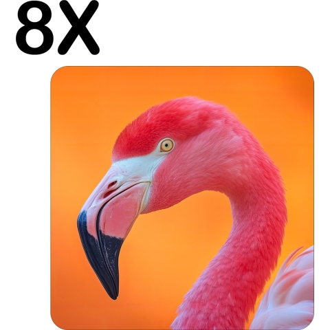 BWK Stevige Placemat - Roze Flamingo met Oranje Achtergrond - Set van 8 Placemats - 40x40 cm - 1 mm dik Polystyreen - Afneembaar