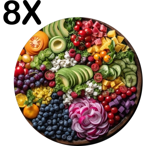 BWK Flexibele Ronde Placemat - Groente en Fruit in Kleine Stukjes - Set van 8 Placemats - 40x40 cm - PVC Doek - Afneembaar