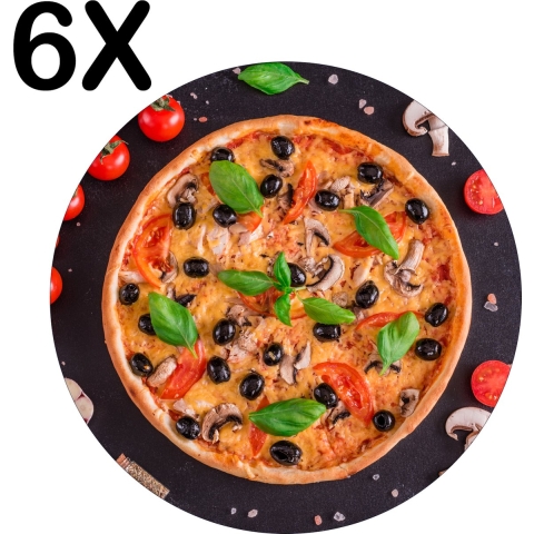 BWK Luxe Ronde Placemat - Compositie van een Pizza en Beleg - Set van 6 Placemats - 50x50 cm - 2 mm dik Vinyl - Anti Slip - Afneembaar