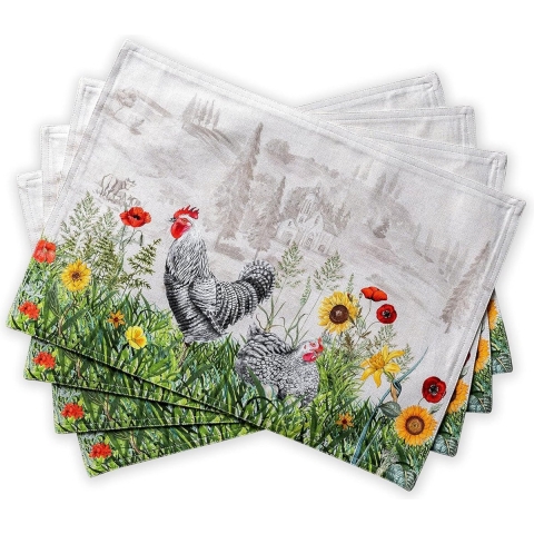 Basse Cour 100% Katoenen Set van 4 Placemats voor Eettafel, Keuken, Bruiloft, Dagelijks Gebruik, Dinerfeesten, Lente / Zomer, Pasen (33 cm x 48 cm)